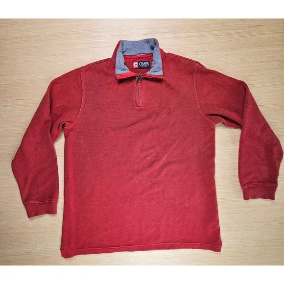 Chaps Sweater Mens M Red Pullover Crew Neck Quarter Zip Waffle Knit‎ Preppy - Picture 2 of 11